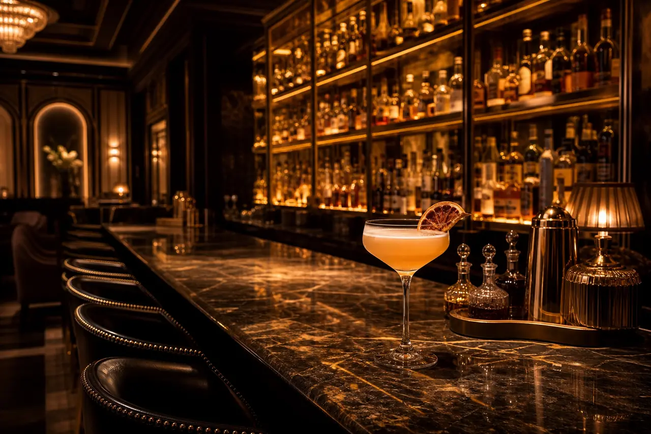 Cocktailbar Ember Atelier met amberkleurige verlichting en een afgewerkte cocktail