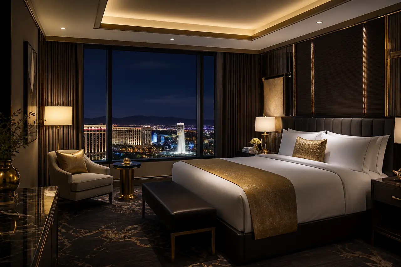 King Skyline-kamer met verzorgd beddengoed, zacht messing licht en uitzicht op Amsterdam bij nacht