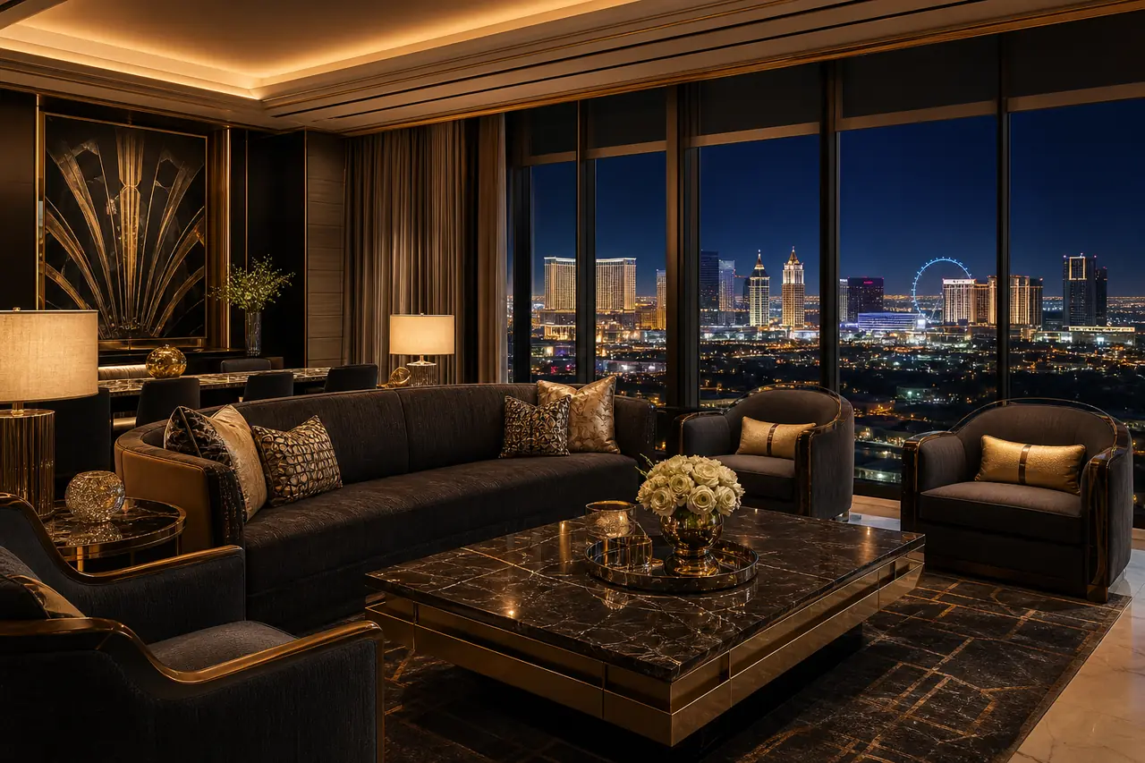 Observatory Suite met aparte lounge, marmeren afwerking en breed uitzicht bij nacht