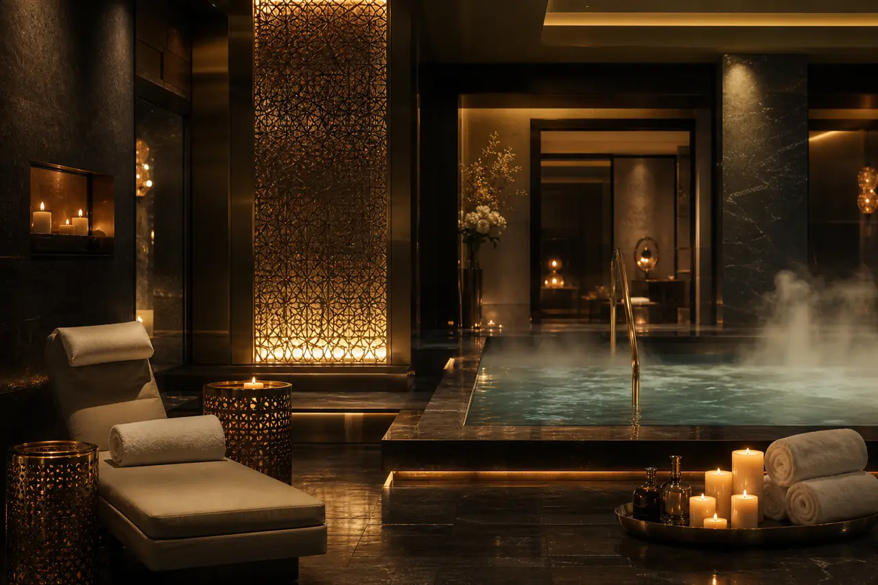 Rustige hotelspa met ontspanningsbad bij kaarslicht en zachte warme verlichting